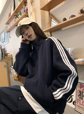 HVIVI 2026新款韩系休闲宽松慵懒风设计感藏青色春季精致卫衣外套