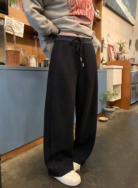 HVIVI 撞色双腰头宽松慵懒风拼接设计感藏青色百搭直筒休闲裤女款