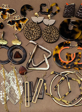 【外贸夸张款耳饰合集】E34复古土黄色豹纹木质皮革圈圈耳环耳钉