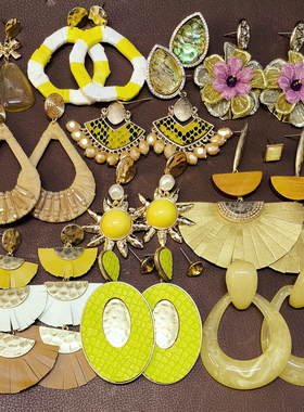 【外贸孤品合集】B34复古黄色亚克力水滴水晶流苏夸张大耳环耳钉