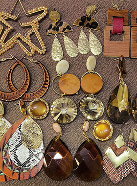 【外贸夸张款合集】E34复古黄色木质皮革亚克力水滴耳环耳钉孤品