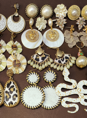 【原创设计款】B40外贸复古白色珍珠皮革贝壳夸张大耳环耳钉孤品