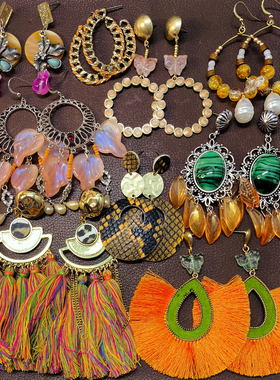 【复古夸张杂款耳饰合集】K36橘黄色流苏亚克力铜镀耳环耳钉孤品