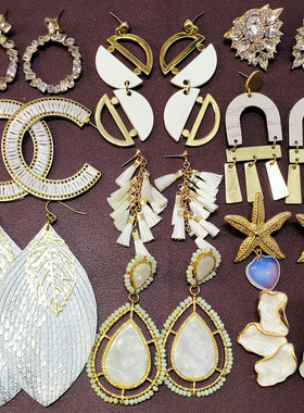 【外贸夸张款】H17复古白色铜镀合金滴油亚克力镶钻圈圈耳环耳钉