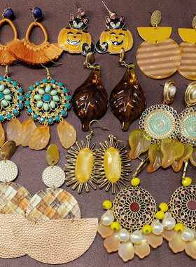 【原创设计款】Z37夸张橘黄色重工琉璃花瓣叶子耳环耳钉出片拍照