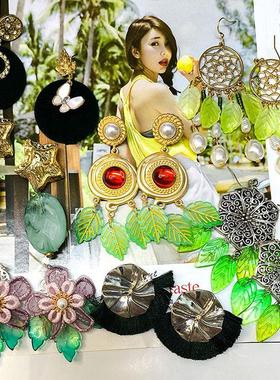 夏日度假风耳饰Z02小清新幻彩琉璃叶子绿色古风原创设计耳环耳钉