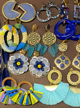 【复古风耳饰合集】E32外贸蓝色港风夸张琉璃花朵耳环耳钉孤品