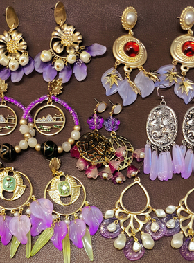 【原创设计款】Z04复古夸张哑光紫色琉璃花朵树叶子耳环耳钉孤品