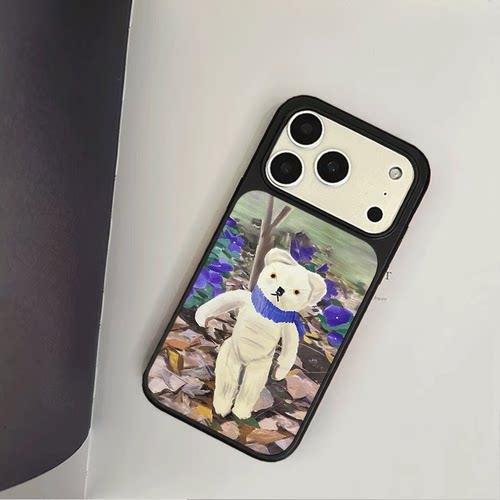 原创可爱油画小熊iPhone17pro手机壳磁吸16promax软壳13磨砂大孔壳苹果15pro艺术全包黑边软壳适用14p晶瓷