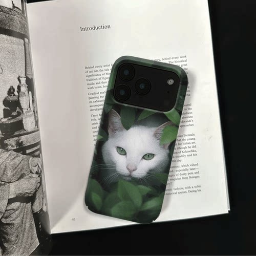 原创氛围感叶间白猫iPhone17pro手机壳磁吸16p软壳亮面14半包壳苹果15promax全包磨砂硬壳适用三星s24S25