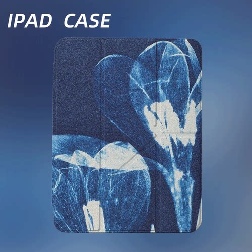 原创复古蓝印双花iPad2025新款11代苹果Air7防弯Y折ipad壳三折第9代平板壳11寸Pro亚克力适用mini7带笔槽