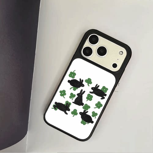 原创简约黑兔三叶iPhone17pro手机壳磁吸16promax软壳13磨砂大孔壳苹果15pro艺术全包黑边软壳适用14p晶瓷