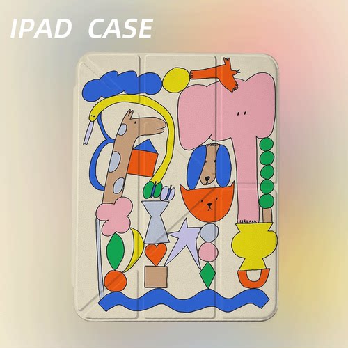 原创艺术彩块动物iPad2025新款11代苹果Air7防弯Y折ipad壳三折第9代平板壳11寸Pro亚克力适用mini7带笔槽