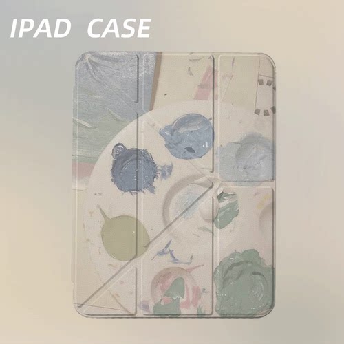 原创氛围感淡色彩盘iPad2025新款11代苹果Air7防弯Y折ipad壳三折第9代平板壳11寸Pro亚克力适用mini7带笔槽