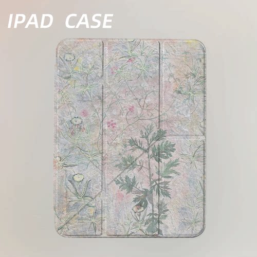 原创复古淡野花植iPad2025新款11代苹果Air7防弯Y折ipad壳三折第9代平板壳11寸Pro亚克力适用mini7带笔槽