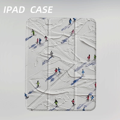 原创小众滑雪油画iPad11代2025新款苹果Air7三折防弯保护套2024款Pro11air6平板壳y折亚克力适用mini6带笔槽