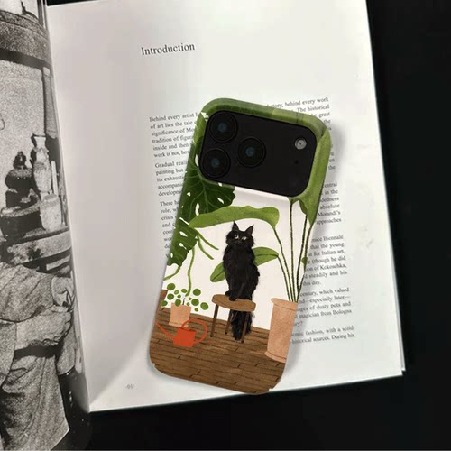 原创可爱植间黑猫iPhone17pro手机壳磁吸16p软壳亮面14半包壳苹果15promax全包磨砂硬壳适用三星s24S25