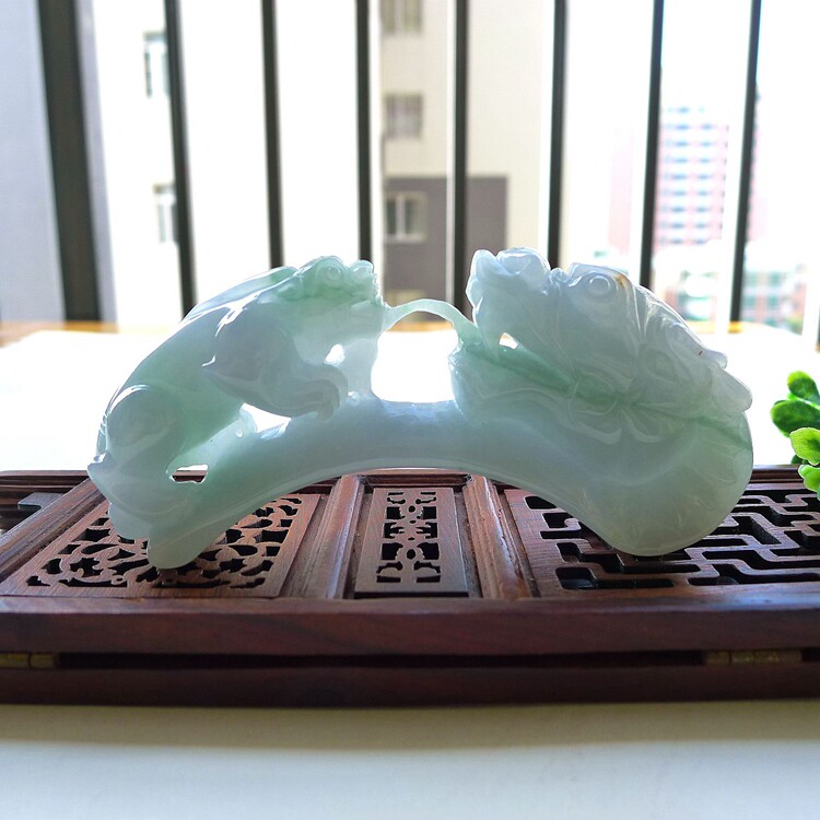 缅甸天然A货翡翠精工巧雕望子成龙龙头貔貅龙钩吊坠笔架小摆件