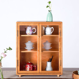 新品南天门北美红樱桃木忘尘柜原木桌面玻璃收纳柜硬枫木茶具收纳