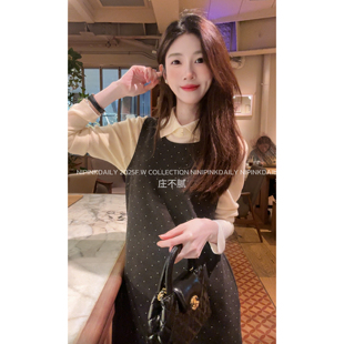 Ninipink庄不腻自制 气质波点背心裙女显瘦高腰连衣裙长裙 冬夜