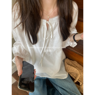 女显瘦小衫 Ninipink庄不腻自制 衬衫 蕾丝方领系带花苞袖 白兰