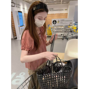 Ninipink庄不腻自制【西瓜冰】少女感红色格子木耳边短袖显瘦小衫