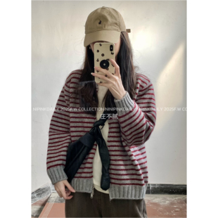 韩系撞色条纹拉链毛衣外套厚开衫 Ninipink庄不腻自制 阿华田