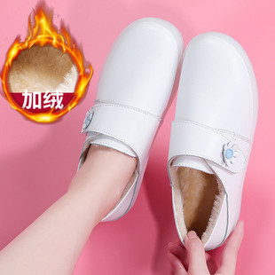 加绒棉鞋 女软底不累脚舒适防滑平底小白鞋 魔术贴真皮护士鞋 秋冬季