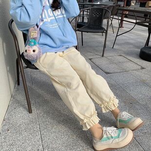 日系软妹束脚灯芯绒裤子女学生加绒直筒休闲裤可爱花边九分灯笼裤