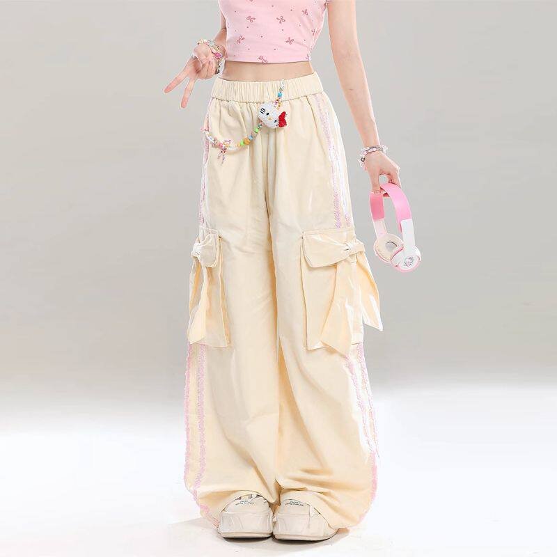 美式甜辣风蝴蝶结设计感工装裤女宽松显瘦直筒百搭阔腿拖地裤子潮