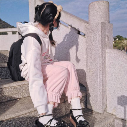 日系复古可爱束脚裤女加绒学生宽松休闲裤软妹花边灯芯绒九分裤子