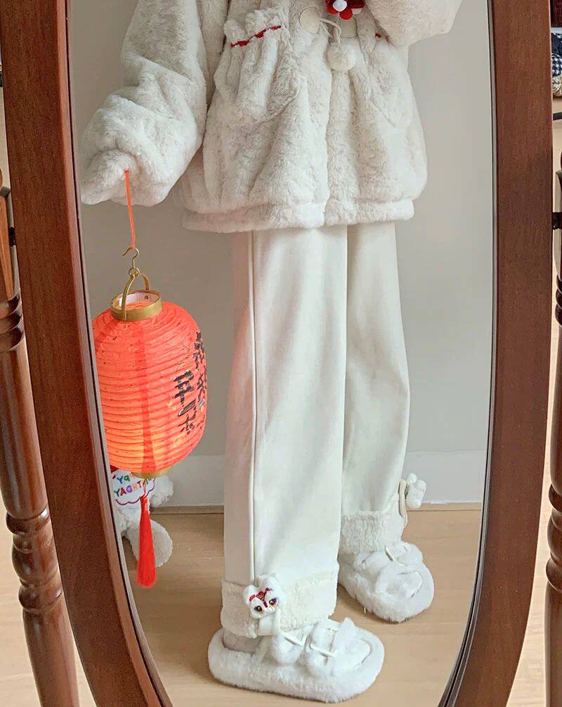 国潮喜庆醒狮卷边灯芯绒日系宽松阔腿秋冬款加厚休闲可爱直筒裤女