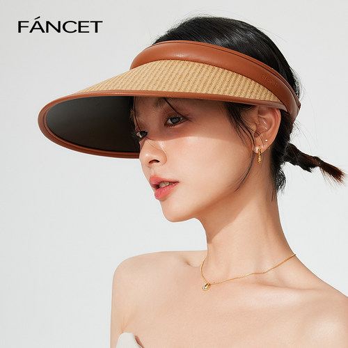 Fancet空顶草帽女夏季草编质感帽沿遮阳防晒帽户外防紫外线太阳帽