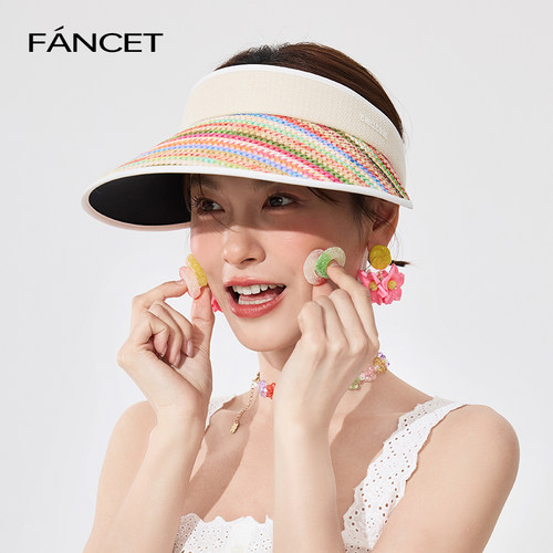 FANCET防晒帽女夏新款彩虹色编织香风空顶遮阳帽防紫外线太阳帽子