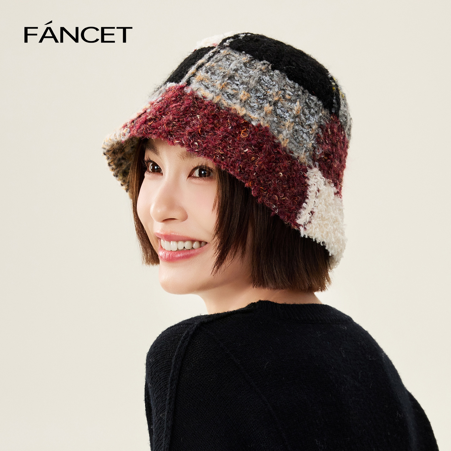FANCET帽子女冬季脸小渔夫帽撞色时尚百搭盆帽保暖防寒彩纱针织帽
