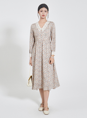 固执复古长袖碎花V领中长款雪纺连衣裙32813LQ06668