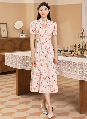 固执夏季新款中式立领钉珠印花短袖中长款连衣裙80132LQ08196