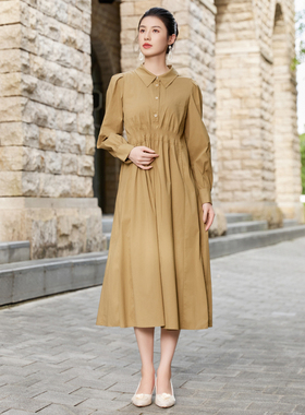 固执新款学院风翻领长袖百褶中长款连衣裙43133LQ08572