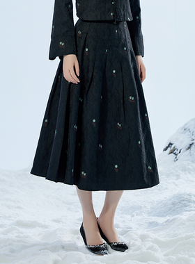 固执新款中式刺绣百褶中长款半身裙00033BQ08337