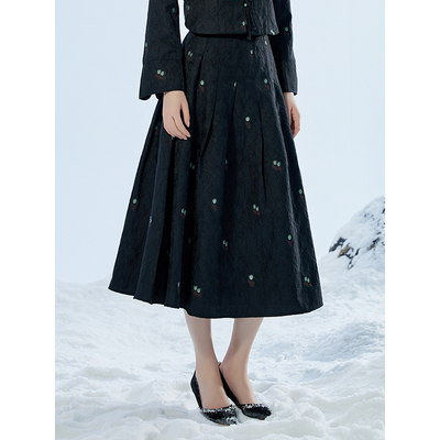 固执新款中式刺绣百褶中长款半身裙00033BQ08337