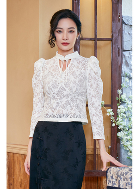 固执新款中式蝴蝶结长袖蕾丝衫短款上衣女80133SY08235