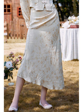 固执2023秋季新款中式复古提花蝴蝶结中长款半身裙52233BQ08404