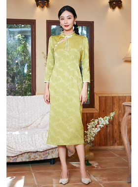 固执新款中式立领钉珠长袖旗袍中长连衣裙40933QP08369