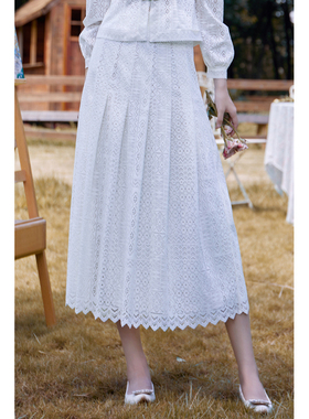 固执新款中式蕾丝百褶a字中长款半身裙10833BQ08308