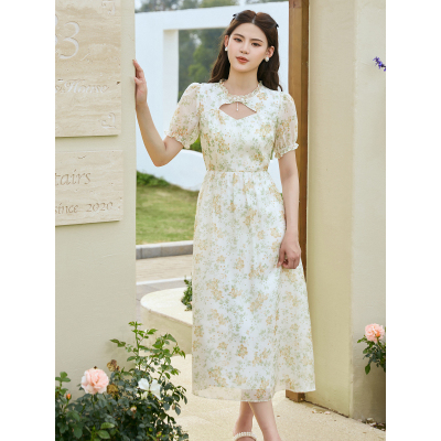 固执夏季新款中式短袖长款碎花连衣裙80132LQ08165