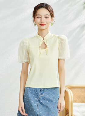 固执夏季新款气质中国风蕾丝拼接泡泡短袖上衣女50832TX08224