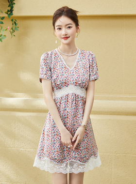 固执夏季新款复古风v领短袖紫色碎花短款连衣裙70012LQ06638 不开