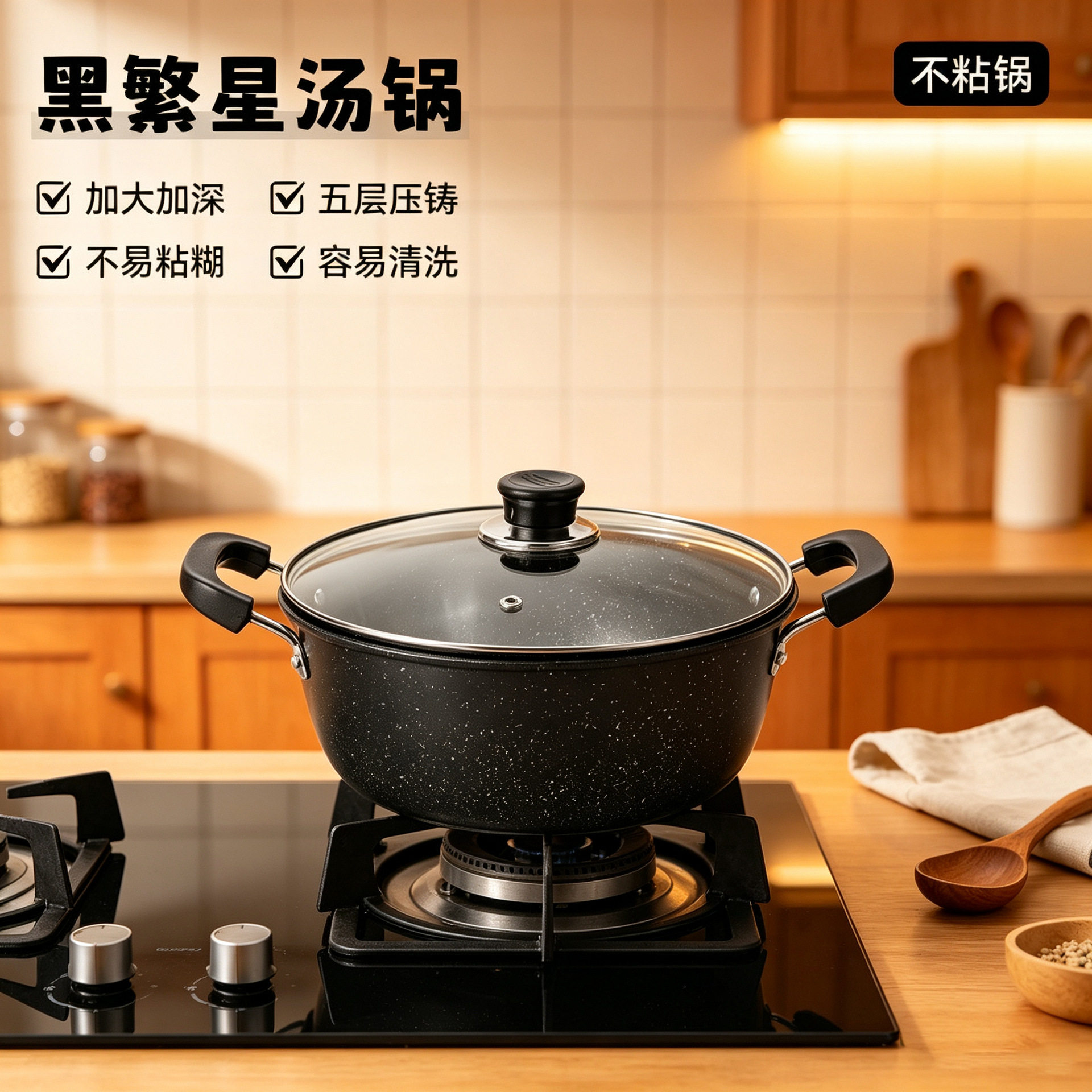 麦饭石家用汤锅不粘锅煎煮一体双耳泡面锅电磁炉燃气灶通用