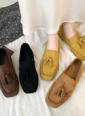 娇彤 复古平底豆豆乐福鞋一脚蹬女2026新款深口单鞋子流苏休闲鞋