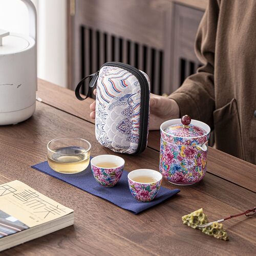 创新珐琅彩旅行茶具套装便携收纳一壶二杯带过滤户外泡茶套